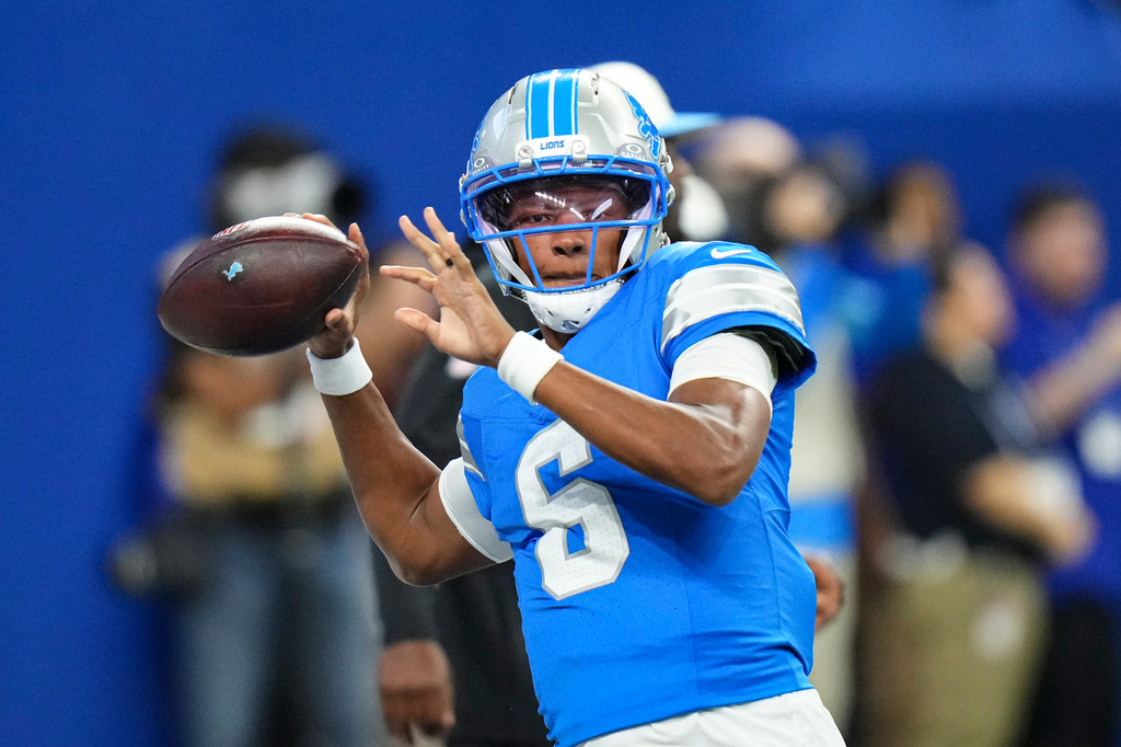 Detroit Lions quarterback Josh Dobbs (6) throws before a preseason NFL football game against the Indianapolis Colts in Indianapolis, Saturday, Aug. 29, 2026. (AP Photo/AJ Mast)