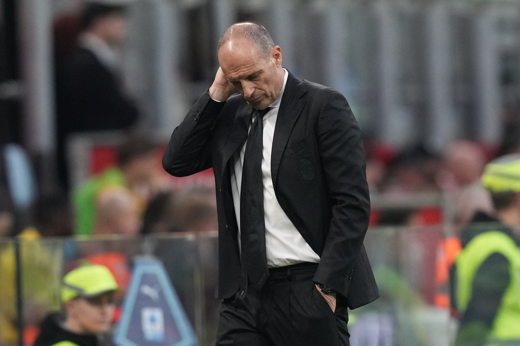 AC Milan's head coach Massimiliano Allegri reacts during the Serie A soccer match between AC Milan and Udinese, in Milan, Italy, Saturday, April 11, 2026. (AP Photo/Antonio Calanni)