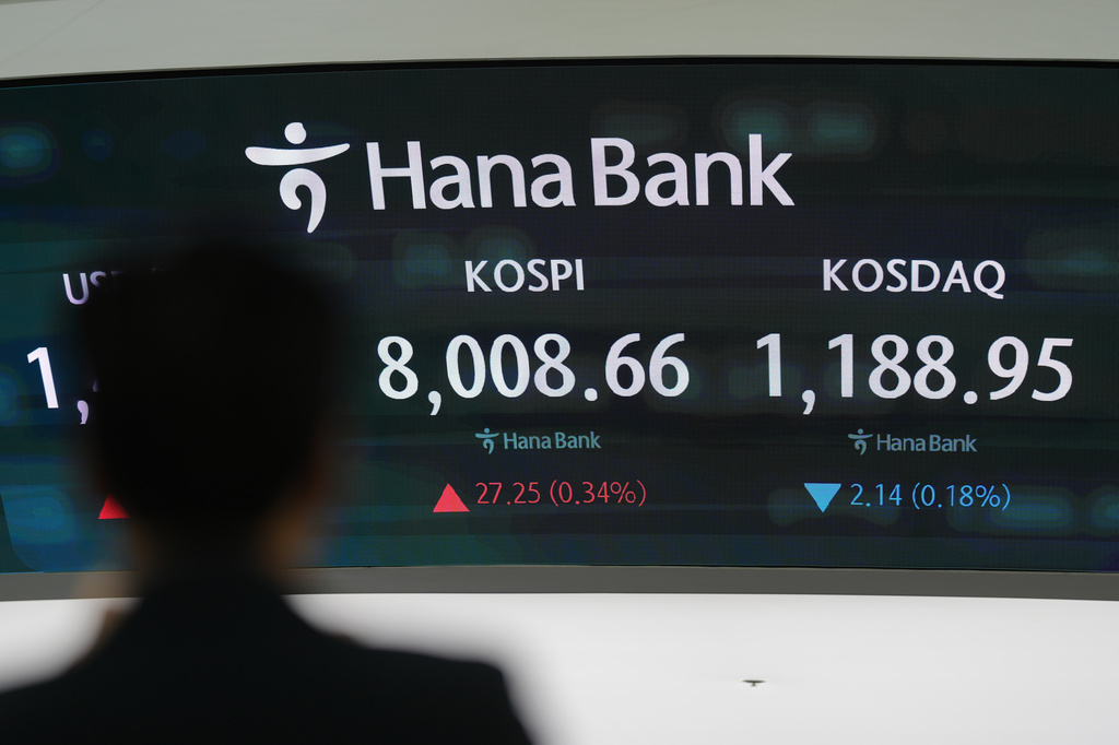 A dealer stands near the screens showing the Korea Composite Stock Price Index (KOSPI), and the Korean Securities Dealers Automated Quotations (KOSDAQ) at a dealing room of Hana Bank in Seoul, South Korea, Friday, May 15, 2026. (AP Photo/Lee Jin-man)
