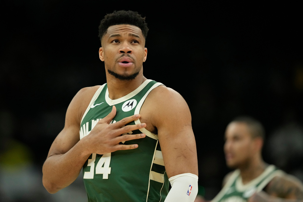 Milwaukee Bucks' Giannis Antetokounmpo looks on before the first half of an NBA basketball game against the Utah Jazz, Saturday, March 7, 2026, in Milwaukee. (AP Photo/Aaron Gash)