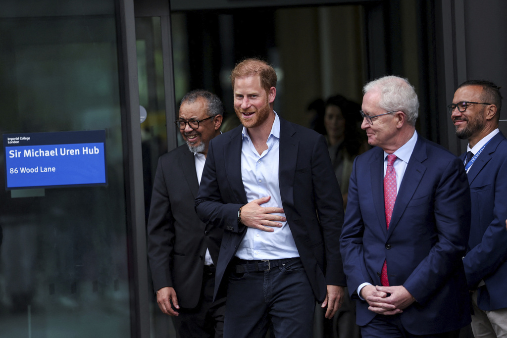 Britain's Prince Harry reacts, as he departs, following his visit to Centre for Blast Injury Studies at Imperial College London, in London, Wednesday, Sept. 10, 2025. (Suzanne Plunkett, Pool Photo via AP)