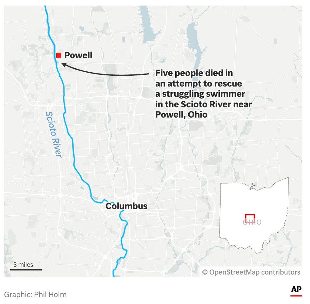 The map above shows the location along the Scioto River in Ohio where five people died in an attempt to rescue a struggling swimmer. (AP Digital Embed)