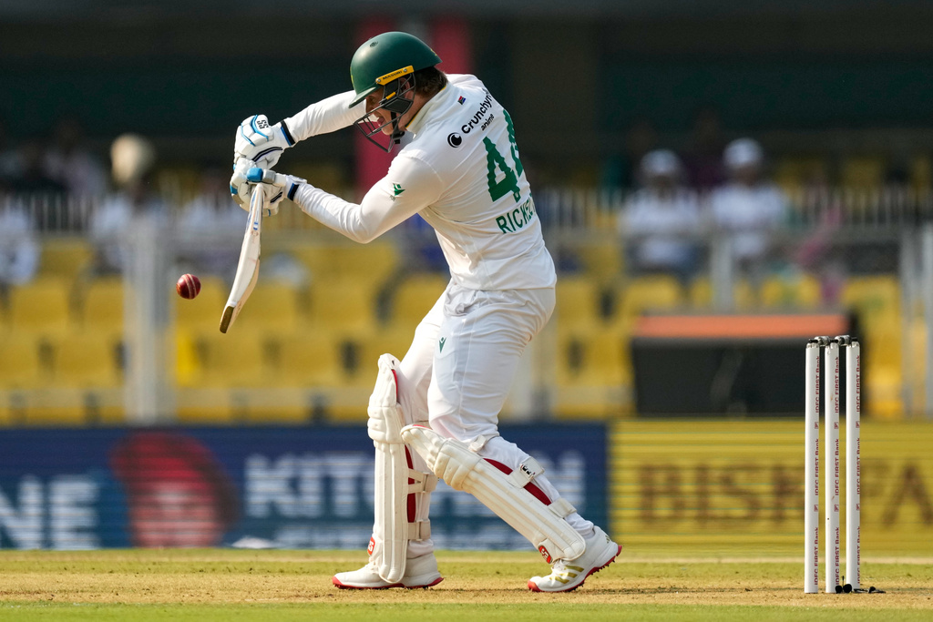 South Africa's Ryan Rickelton plays a shot on the first day of the second cricket test match between India and South Africa in Guwahati, India, Saturday, Nov. 22, 2025. (AP Photo/Anupam Nath)
