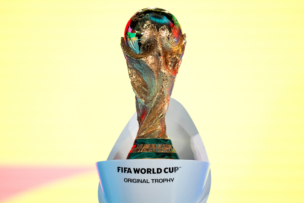 The FIFA World Cup Trophy is displayed during the FIFA World Cup 2026 playoff draw in Zurich, Switzerland, Thursday, Nov. 20, 2025. (Claudio Thoma/Keystone via AP)