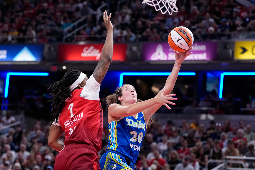 Dallas Wings forward Maddy Siegrist (20) shoots in front of Indiana Fever forward Myisha Hines-Allen (2) in the second half of a WNBA basketball game in Indianapolis, Friday, Aug. 14, 2026. (AP Photo/Michael Conroy)