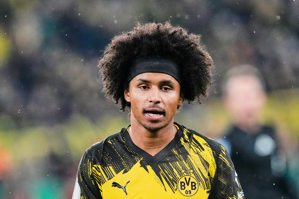 Dortmund's Karim Adeyemi reacts during the German Soccer Cup round of sixteen soccer match between Borussia Dortmund and Bayer 04 Leverkusen in Dortmund, Germany, Tuesday, Dec. 2, 2025. (AP Photo/Martin Meissner)