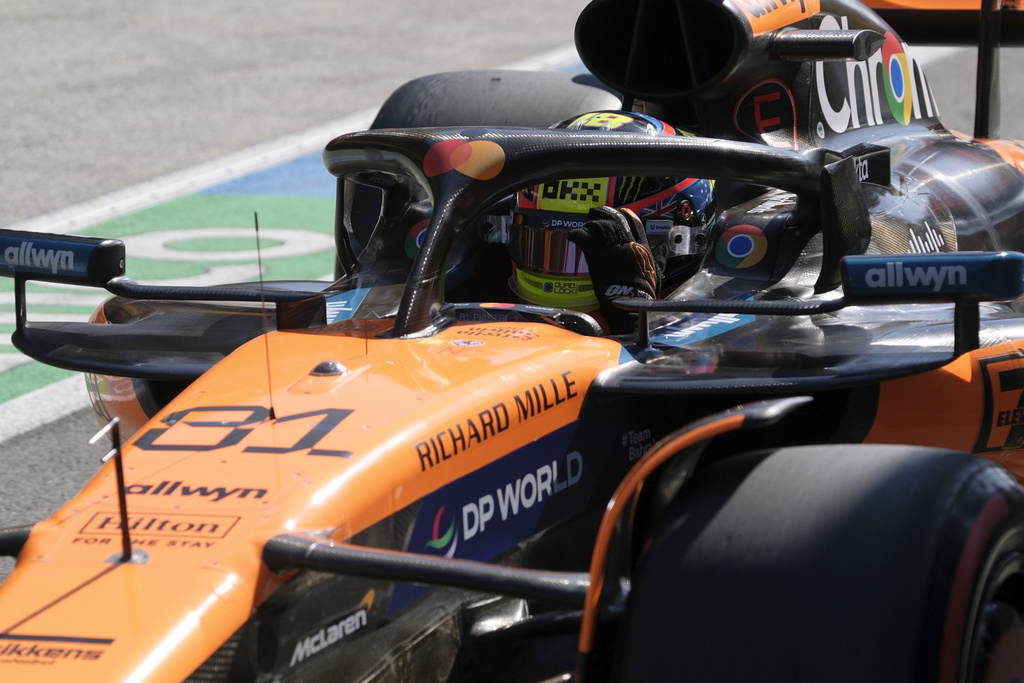 McLaren driver Oscar Piastri of Australia steers his car during the qualifying session ahead of the Formula One Dutch Grand Prix at the Zandvoort racetrack in Zandvoort, Netherlands, Saturday, Aug. 30, 2025. (AP Photo/Patrick Post, Pool)