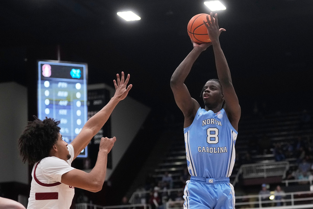 North Carolina forward Caleb Wilson (8) shoots against Stanford during the first half of an NCAA college basketball game in Stanford, Calif., Wednesday, Jan. 14, 2026. (AP Photo/Jeff Chiu)