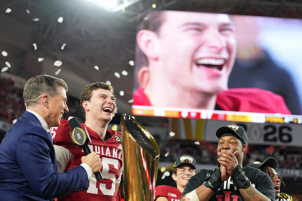 Indiana quarterback Fernando Mendoza smiles after the College Football Playoff national championship game against Miami, Monday, Jan. 19, 2026, in Miami Gardens, Fla. (AP Photo/Rebecca Blackwell)