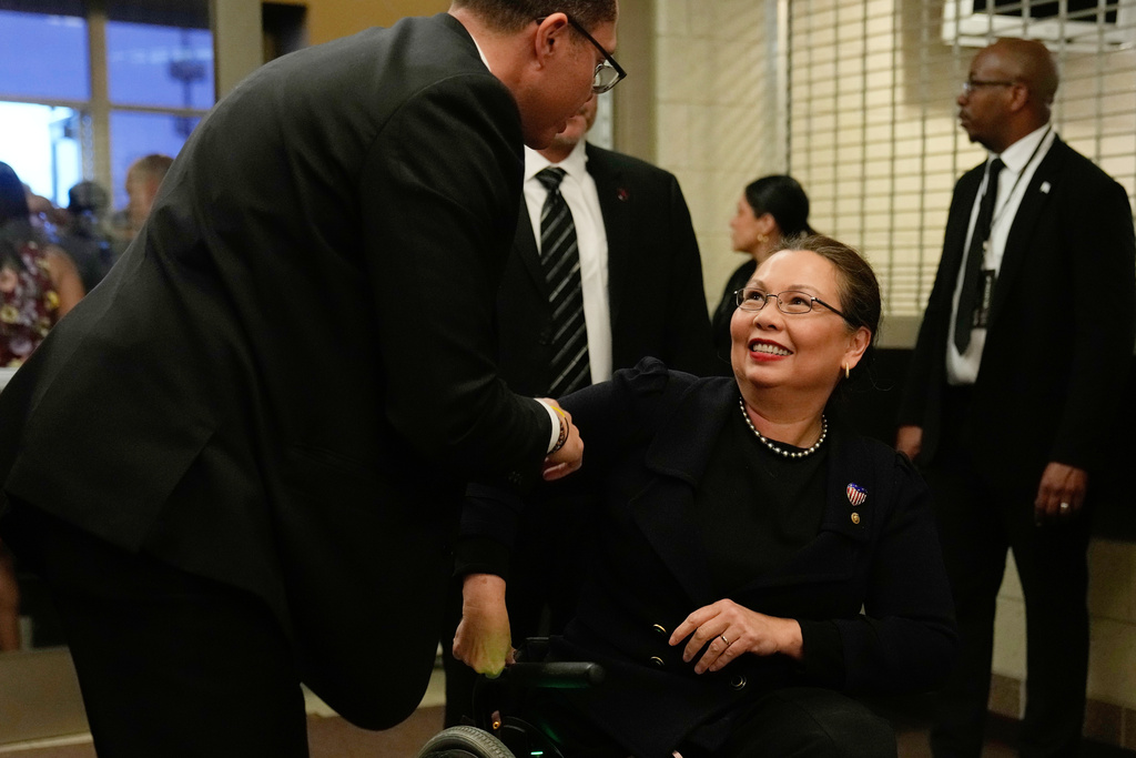 Sen. Tammy Duckworth, D-Ill., arrives for the Public Homegoing Service for the Rev. Jesse Jackson at the House of Hope in Chicago, Friday, March 6, 2026. (AP Photo/Erin Hooley)