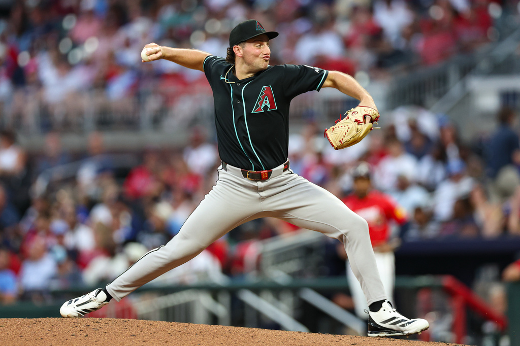 Arizona Diamondbacks pitcher Brandon Pfaadt delivers in the third inning of a baseball game against the Atlanta Braves, Friday, Aug. 14, 2026, in Atlanta. (AP Photo/Colin Hubbard)