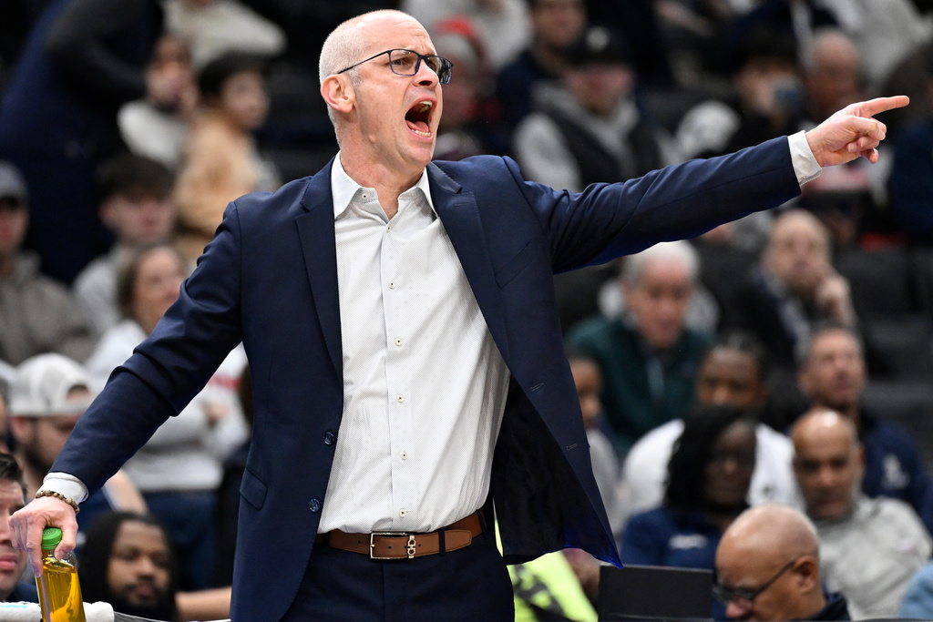 UConn Huskies head coach Dan Hurley shouts instructions to his players during the first half of an NCAA men's basketball game against the Georgetown Hoyas, Saturday, Jan. 17, 2026, in Washington. (AP Photo/John McDonnell)