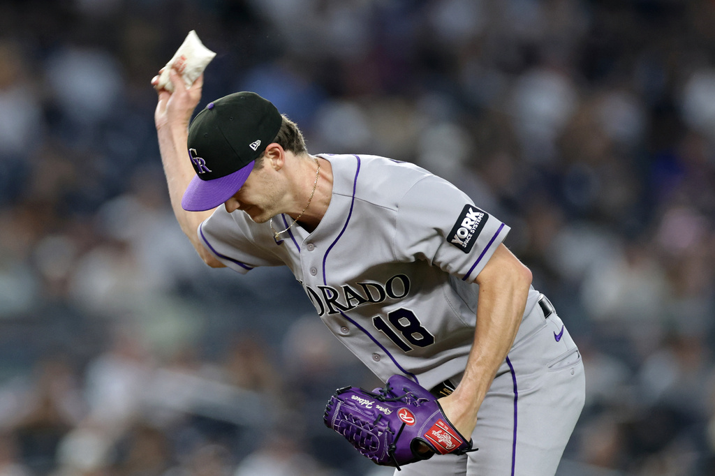Colorado Rockies pitcher Ryan Feltner reacts during the first inning of a baseball game against the New York Yankees, Thursday, Sept. 10, 2026, in New York. (AP Photo/Adam Hunger)