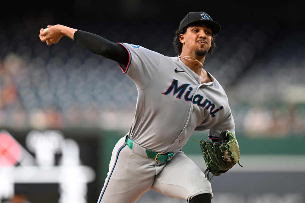 Miami Marlins staring pitcher Eury Pérez throws during the first inning of a baseball game against the Washington Nationals, Friday, Aug. 28, 2026, in Washington. (AP Photo/John McDonnell)