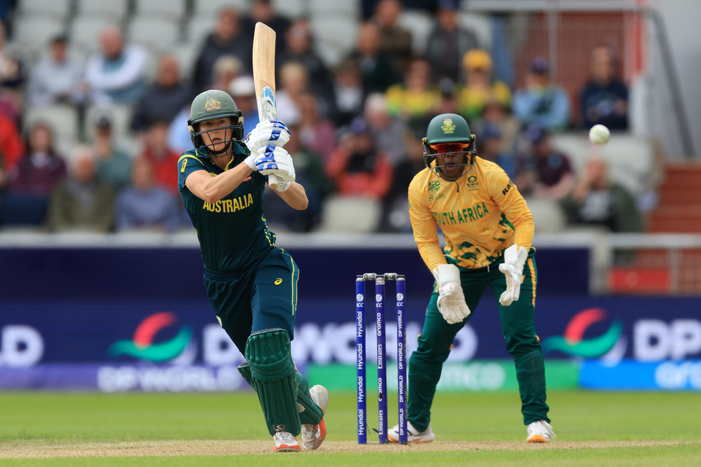 Australia's Ellyse Perry bats during the Women's T20 World Cup match between Australia and South Africa at Old Trafford, Manchester, England, Saturday June 13, 2026. (Nigel French/PA via AP)