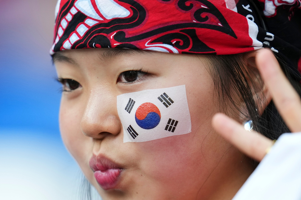 A South Korea fan reacts ahead of the World Cup Group A soccer match between South Africa and South Korea in Guadalupe, near Monterrey, Mexico, Wednesday, June 24, 2026. (AP Photo/Matias Delacroix)