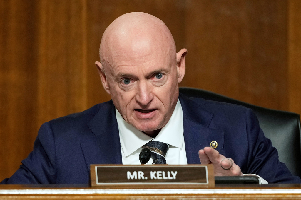 FILE - Sen. Mark Kelly, D-Ariz., speaks during the Senate Armed Services Committee confirmation hearing for Pete Hegseth, President-elect Donald Trump's choice to be Defense secretary, at the Capitol in Washington, Tuesday, Jan. 14, 2025. (AP Photo/Ben Curtis, file)