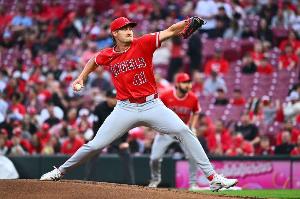 Los Angeles Angels pitcher Jack Kochanowicz throws during the first inning of a baseball game against the Cincinnati Reds in Cincinnati, Friday, April 10, 2026. (AP Photo/Ben Jackson)