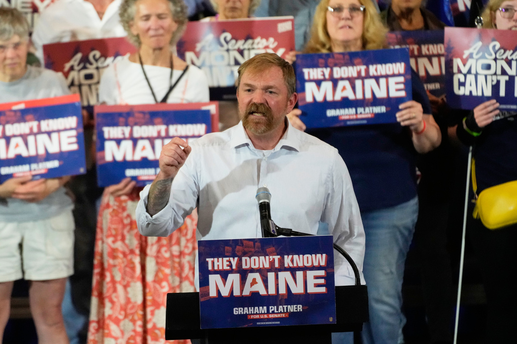 Democratic U.S. Senate candidate Graham Platner speaks during a primary election night watch party after winning the Democratic nomination Tuesday, June 9, 2026, in Blue Hill, Maine. (AP Photo/Robert F. Bukaty)