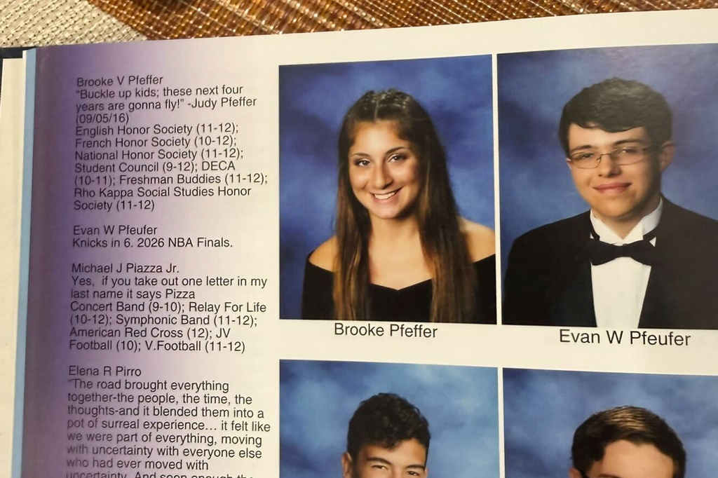 This photo provided by Evan Pfeufer shows Pfeufer's senior quote, which reads "Knicks in 6. 2026 NBA Finals," and photo in his high school yearbook on Thursday, June 4, 2026, in Kings Park, N.Y. (Evan Pfeufer via AP)