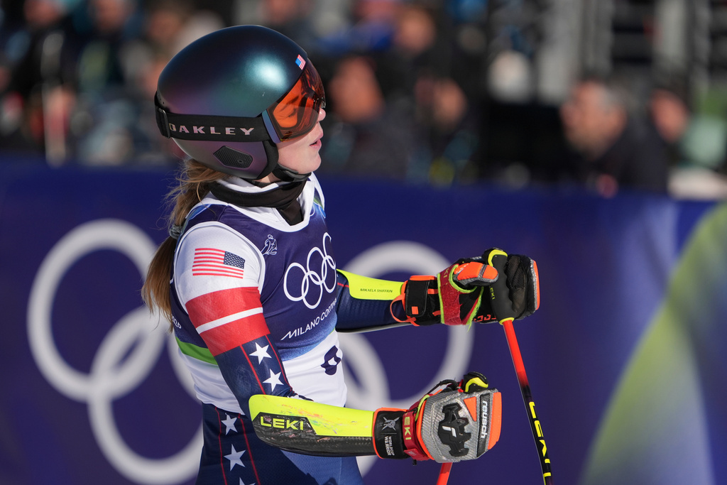 United States' Mikaela Shiffrin at the finish area of an alpine ski, women's giant slalom race, at the 2026 Winter Olympics, in Cortina d'Ampezzo, Italy, Sunday, Feb. 15, 2026. (AP Photo/Jacquelyn Martin)