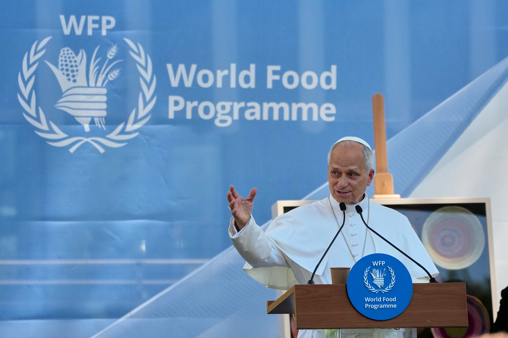 Pope Leo XIV speaks during a meeting with the employees of the United Nations World Food Programme in Rome, Monday, June 22, 2026. (AP Photo/Alessandra Tarantino)