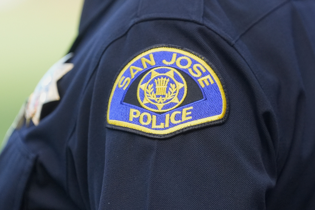 FILE - A San Jose Police patch is worn at a baseball game between the San Francisco Giants and the Philadelphia Phillies in San Francisco, July 8, 2025. (AP Photo/Jeff Chiu)
