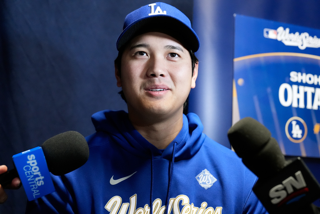 Los Angeles Dodgers' Shohei Ohtani speaks during a World Series baseball media day, Thursday, Oct. 23, 2025, in Toronto. The Toronto Blue Jays face the Los Angeles Dodgers in Game 1 on Friday. (AP Photo/Brynn Anderson)