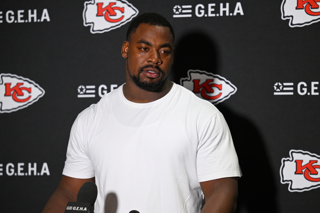 Kansas City Chiefs defensive tackle Chris Jones speaks to the media after an NFL football game against the Jacksonville Jaguars, Monday, Oct. 6, 2025, in Jacksonville, Fla. (AP Photo/Phelan M. Ebenhack)