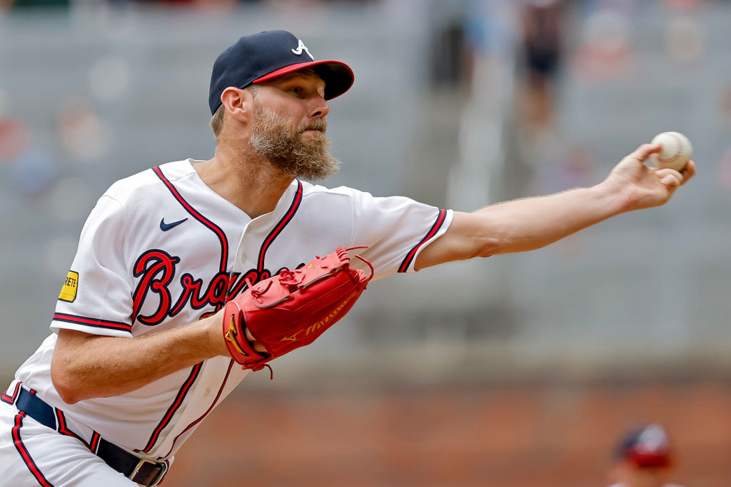 Atlanta Braves pitcher Chris Sale delivers to a San Diego Padres batter during the first inning of a baseball game, Thursday, July 23, 2026, in Atlanta. (AP Photo/Erik S. Lesser)