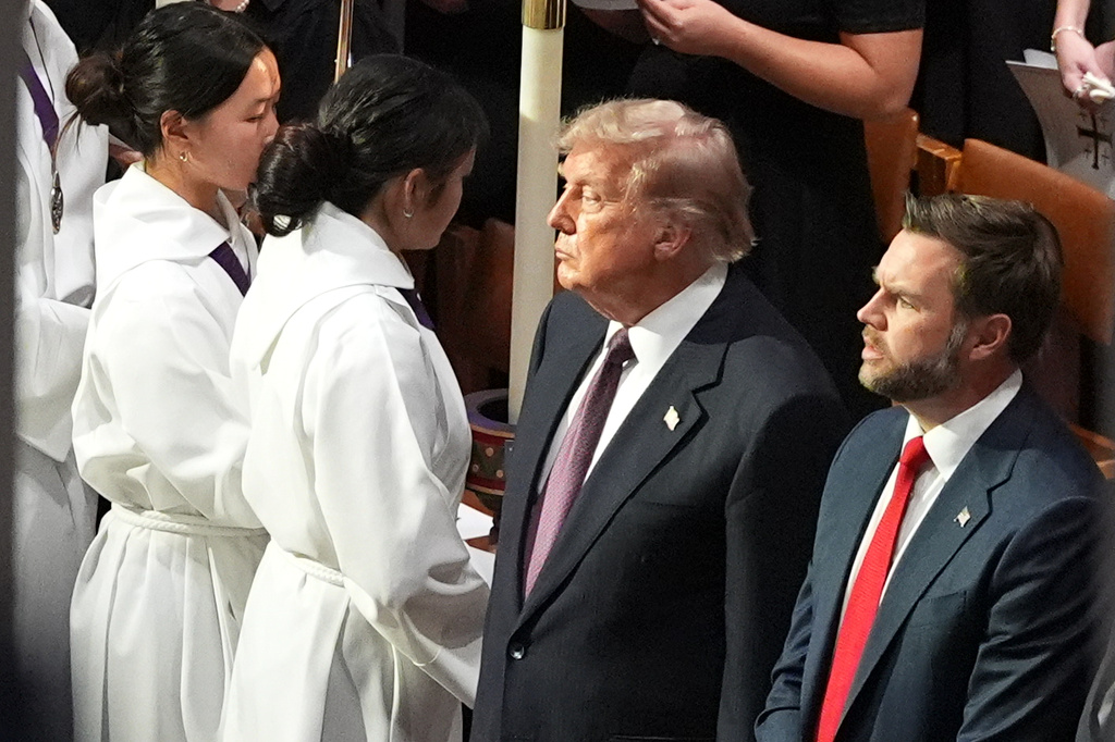President Donald Trump and Vice President JD Vance attend the funeral of Sen. Lindsey Graham, R-S.C., at the Washington National Cathedral, Tuesday, July 28, 2026, in Washington. (AP Photo/Alex Brandon)