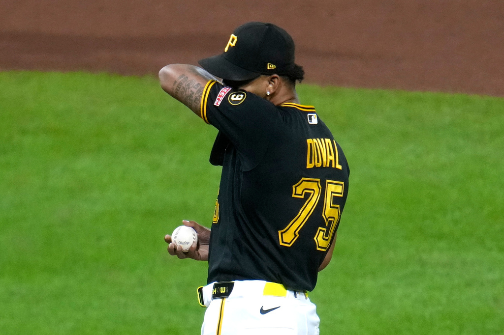 Pittsburgh Pirates pitcher Camilo Doval collects himself on the mound during the seventh inning of a baseball game against the Kansas City Royals in Pittsburgh, Saturday, Sept. 19, 2026. (AP Photo/Gene J. Puskar)