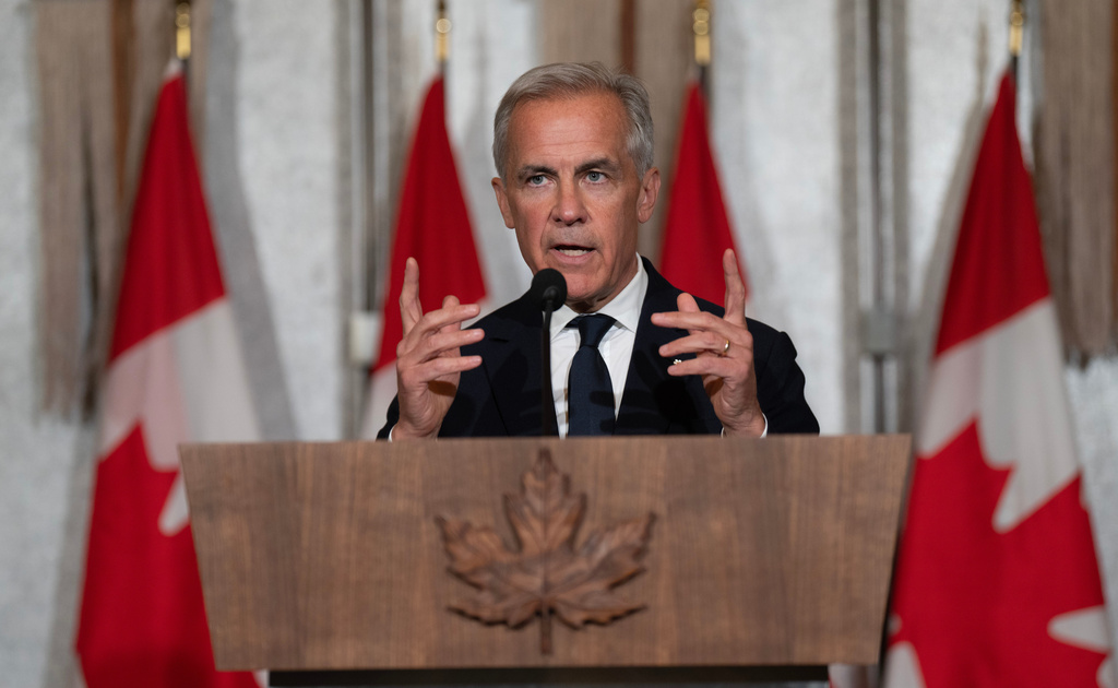 Canada Prime Minister Mark Carney speaks during a media availability in Jeddah, Saudi Arabia, Thursday, July 9, 2026. (Adrian Wyld/The Canadian Press via AP)