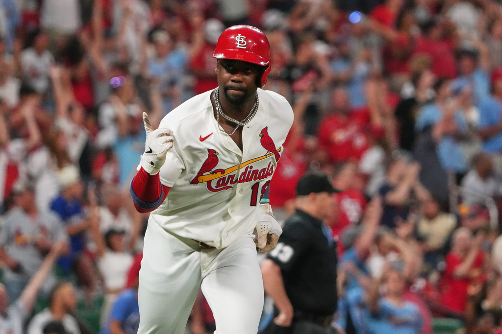 St. Louis Cardinals' Jordan Walker celebrates after hitting a three-run home run during the sixth inning of a baseball game against the Milwaukee Brewers Thursday, July 9, 2026, in St. Louis. (AP Photo/Jeff Roberson)