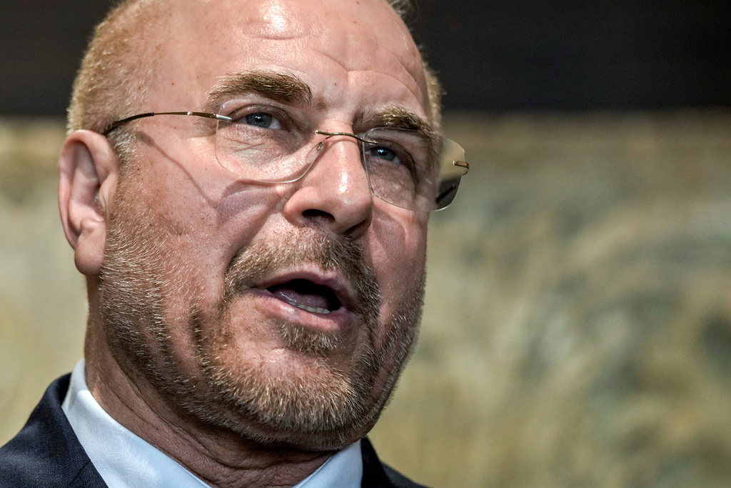 FILE - Iran's parliament speaker Mohammad Bagher Qalibaf, speaks during a press conference in Beirut, Lebanon, on Oct. 12, 2024. (AP Photo/Bilal Hussein, File)