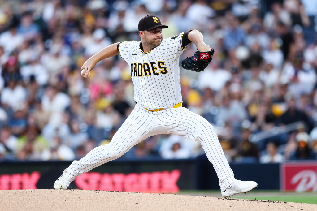 San Diego Padres pitcher Michael King works against the Pittsburgh Pirates in the first inning of a baseball game Tuesday, Aug. 25, 2026, in San Diego. (AP Photo/Derrick Tuskan)