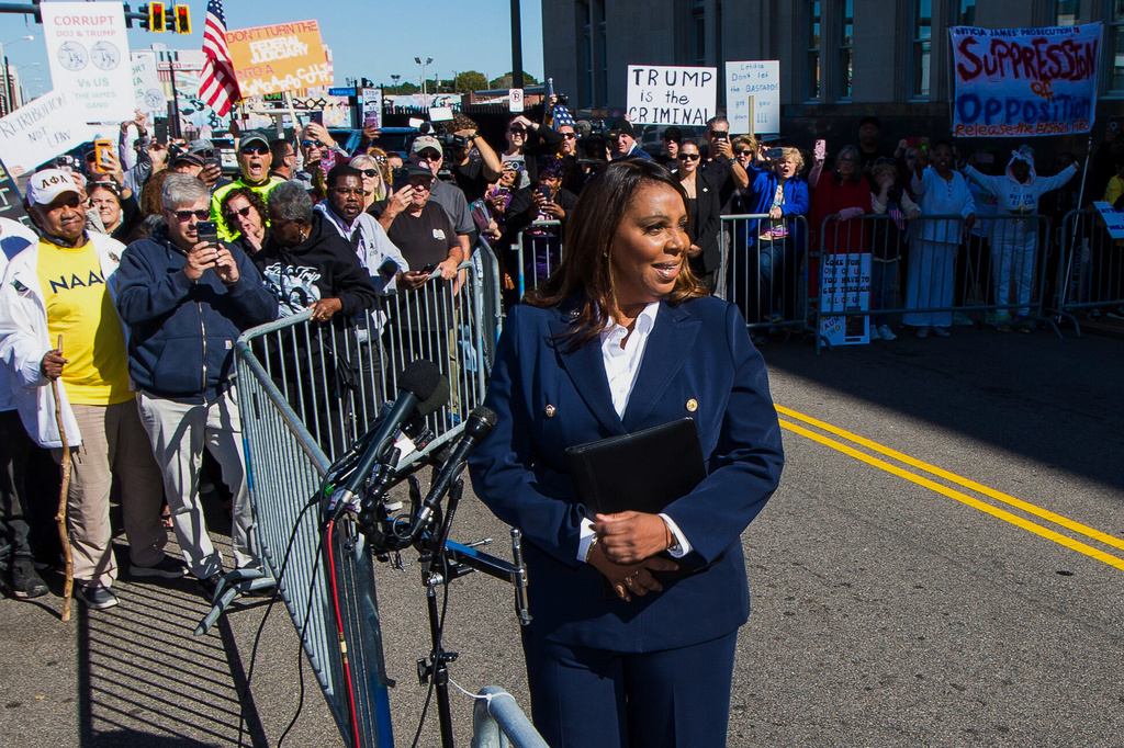 New York Attorney General, Letitia James, speaks after pleading not guilty outside the United States District Court on Friday, Oct. 24, 2025, in Norfolk, Va. (AP Photo/John Clark)