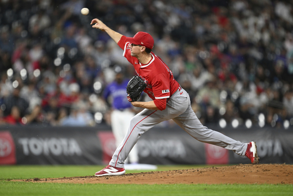 Los Angeles Angels pitcher Kyle Hendricks works in the fourth inning against the Colorado Rockies on Saturday, Sept. 20, 2025, in Denver. (AP Photo/RJ Sangosti)