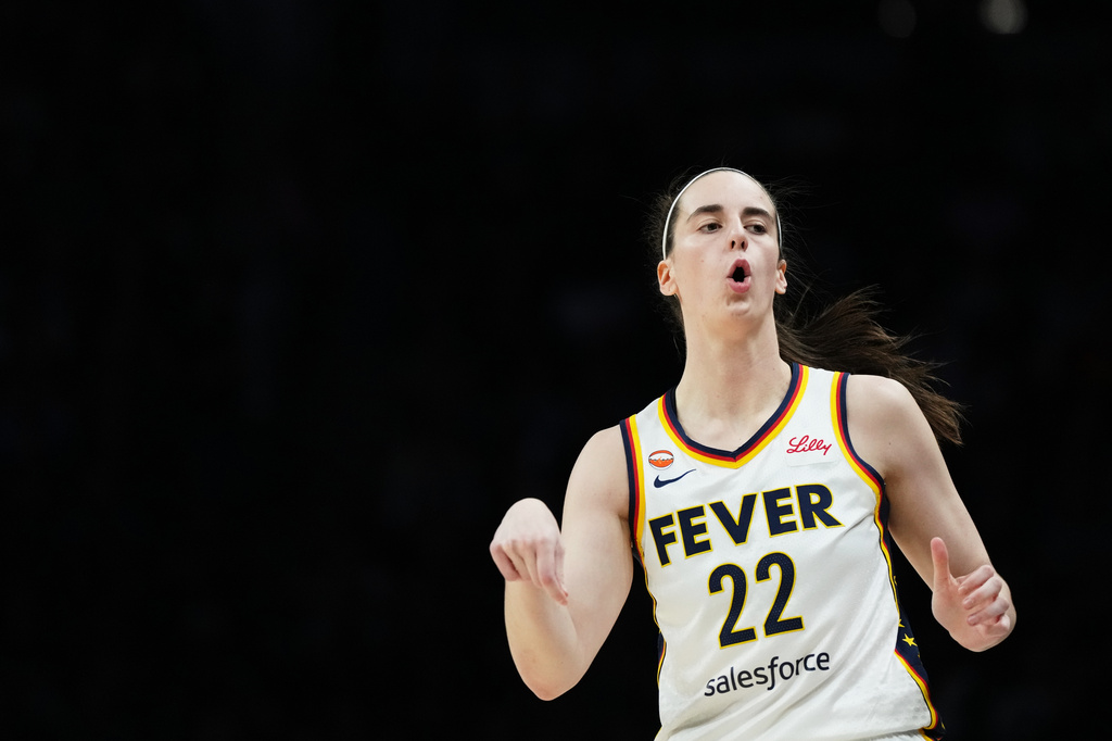 Indiana Fever guard Caitlin Clark reacts during the first half of a WNBA basketball game against the Minnesota Lynx, Thursday, Sept. 24, 2026, in Minneapolis. (AP Photo/Ellen Schmidt)
