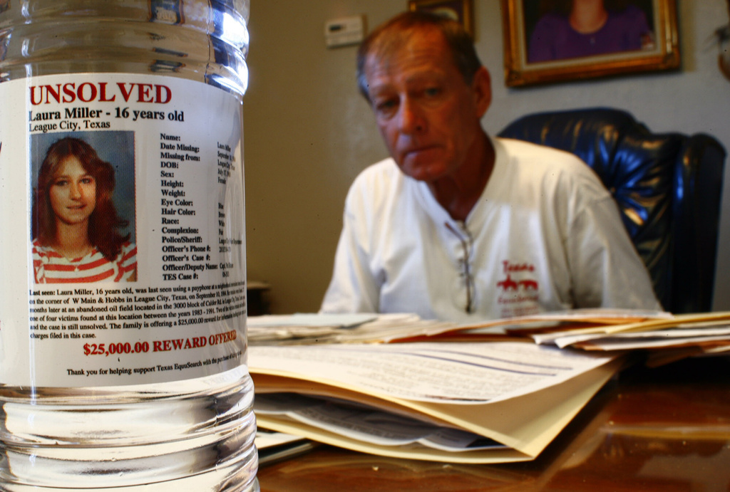 Tim Miller of Texas EquuSearch, who's daughter, Laura Miller, went missing in 1984, and her body was found in 1986, poses at his office in Dickinson, Texas, on April 2, 2012. (Steve Ueckert/Houston Chronicle via AP)