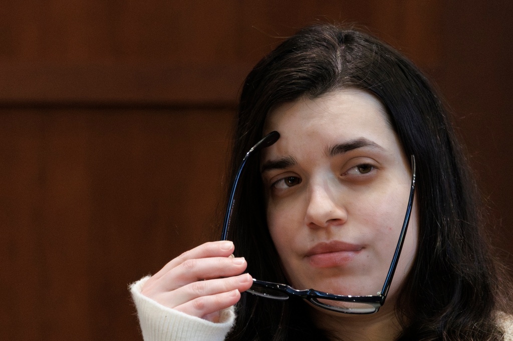 Juliana Peres Magalhães testifies during the double murder trial for Brendan Banfield in Fairfax County Circuit Court, Wednesday, Jan. 14, 2026, in Fairfax, Va. (AP Photo/Tom Brenner, Pool)