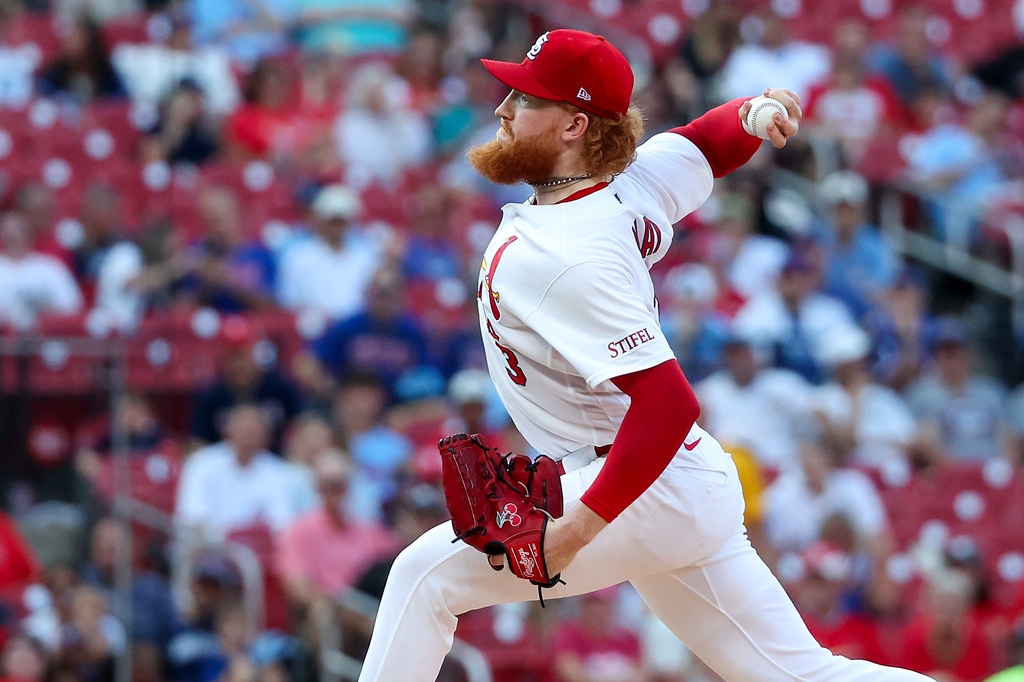 St. Louis Cardinals starting pitcher Dustin May throws during the first inning of a baseball game against the Chicago Cubs Wednesday, July 29, 2026, in St. Louis. (AP Photo/Scott Kane)