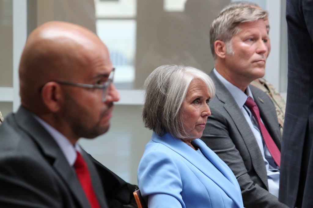 New Mexico Gov. Michelle Lujan Grisham listens to reporters' questions during a news conference in Albuquerque, on Monday, June 29, 2026. (AP Photo/Susan Montoya Bryan)