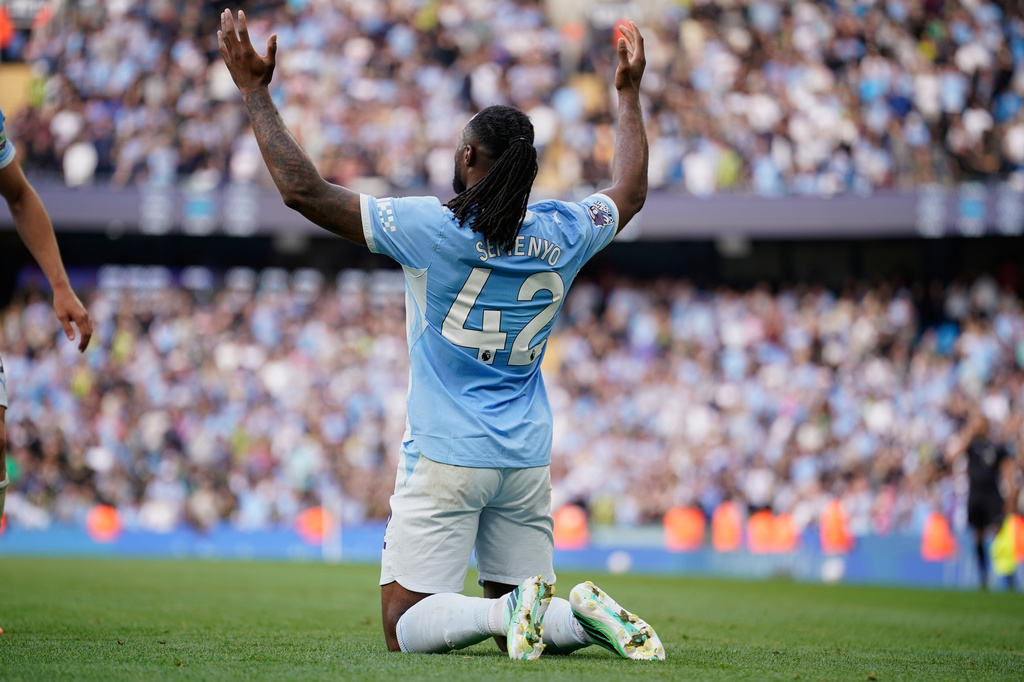Manchester City's Antoine Semenyo reacts after scoring third goal during the English Premier League soccer match between Manchester City and Sunderland in Manchester, England, Sunday, Sept. 20, 2026. (AP Photo/Dave Thompson)