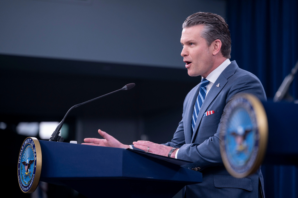 Defense Secretary Pete Hegseth speaks to members of the media during a press briefing at the Pentagon, Thursday, April 16, 2026 in Washington. (AP Photo/Kevin Wolf)