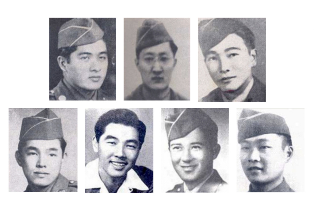 This combo image made with photos provided by the U.S. Army Pacific shows, from left to right, University of Hawaii ROTC cadets Jenhatsu Chinen, Daniel Betsui and Howard Urabe, top row, and Hiroichi Tomita, Grover Nagaji, Robert Murata and Akio Nishikawa, bottom row. (U.S. Army Pacific via AP)
