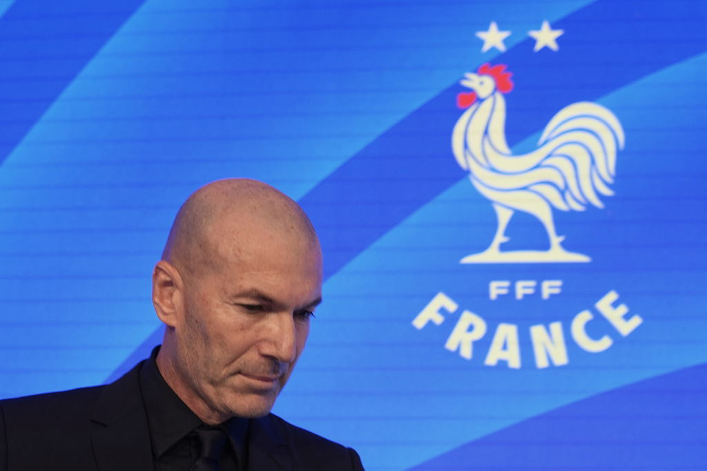 Coach of the France national soccer team, Zinedine Zidane, attends a media conference at the headquarters of French Football Federation headquarters to unveil the squad for the upcoming UEFA Nations League, in Paris, Friday, Sept. 18, 2026. (AP Photo/Thibault Camus)
