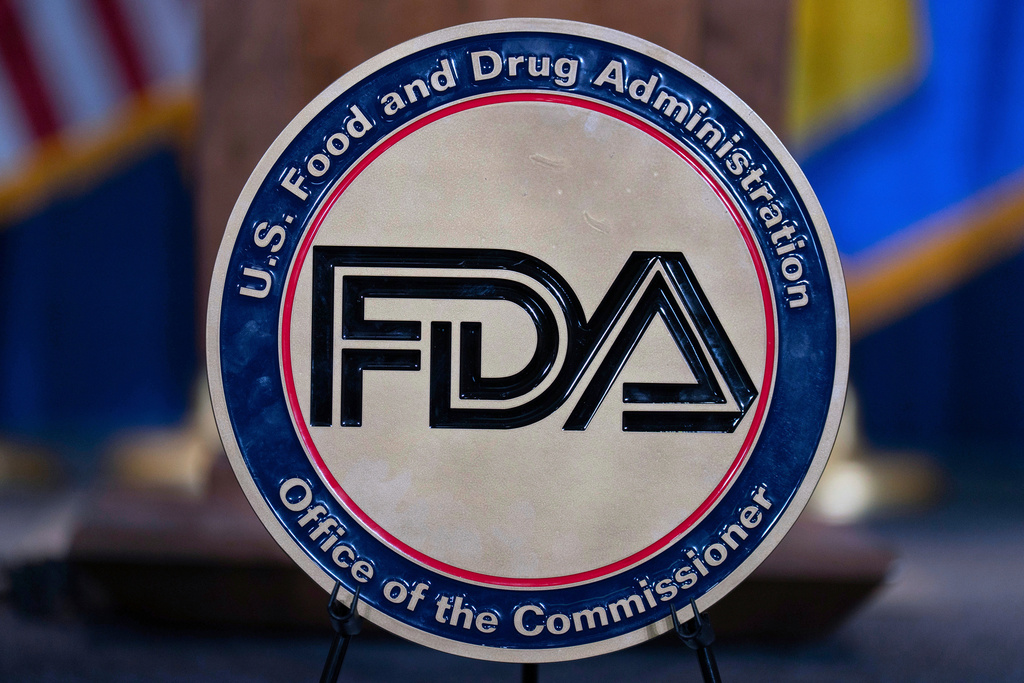 FILE - The Food and Drug Administration seal is seen at the Hubert Humphrey Building Auditorium in Washington, April 22, 2025. (AP Photo/Jose Luis Magana, File)