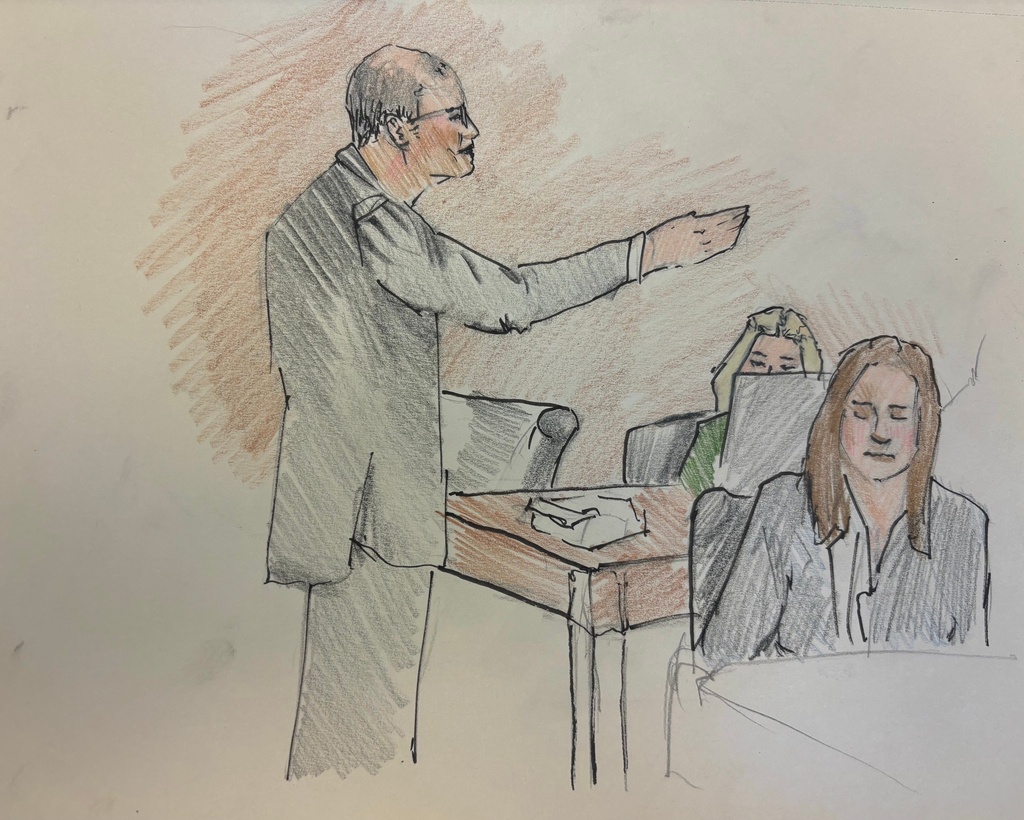 This courtroom sketch depicts defense attorney Steven Biskupic during Milwaukee County Circuit Judge Hannah Dugan's trial on Monday, Dec. 15, 2025 in Milwaukee, Wis. (Adela Tesnow via AP, Pool)