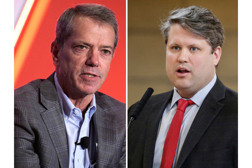 FILE - This photo combination shows Nebraska Gov. Jim Pillen taking part in a panel discussion, Nov. 16, 2022, in Orlando, Fla., left, and State Sen. Mike Hilgers, of Lincoln, speaking during a debate in Lincoln, Neb., April 3, 2018. (AP Photo/Phelan M. Ebenhack, Nati Harnik, file)
